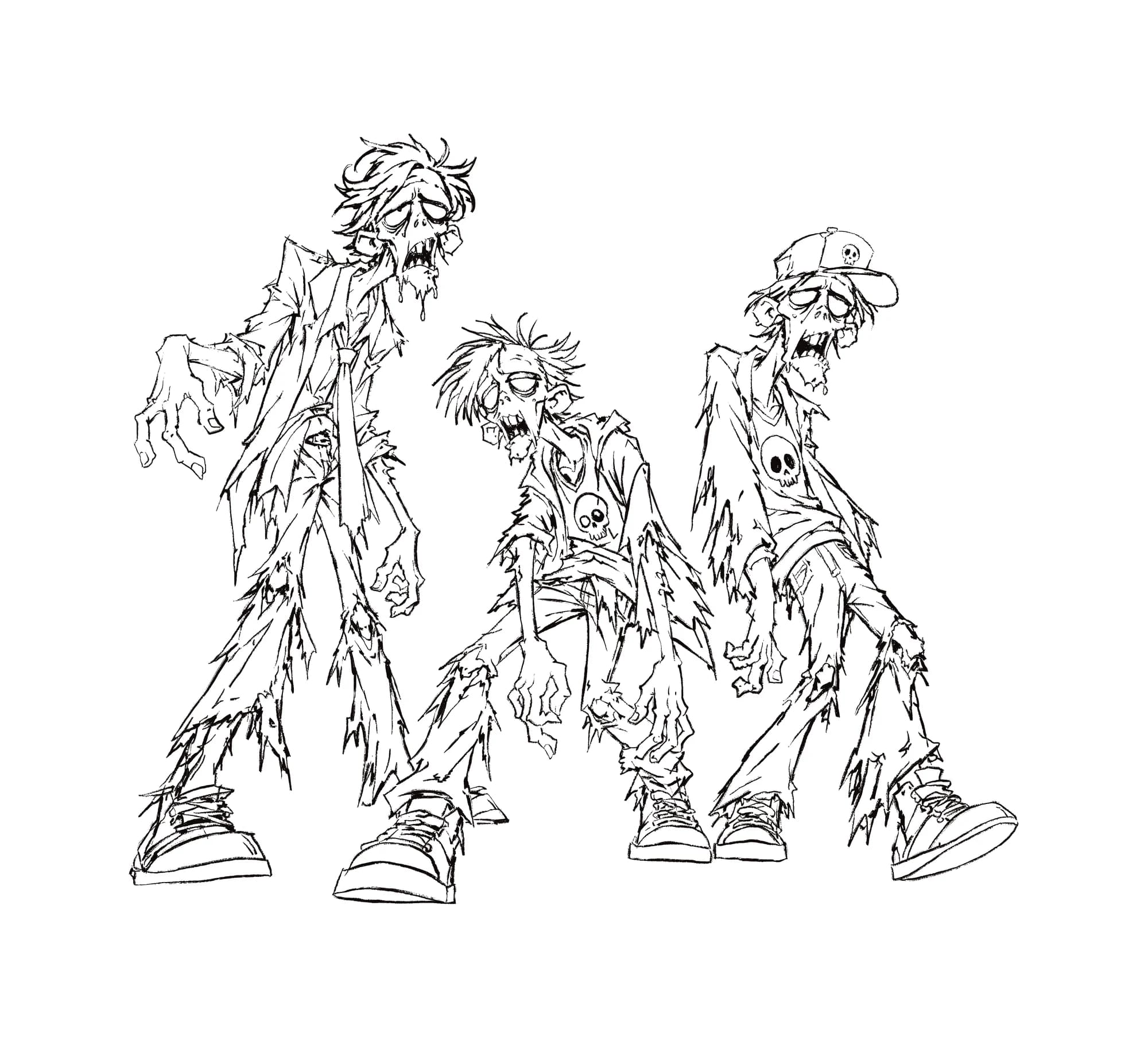 The Zombie Trio, inked lines